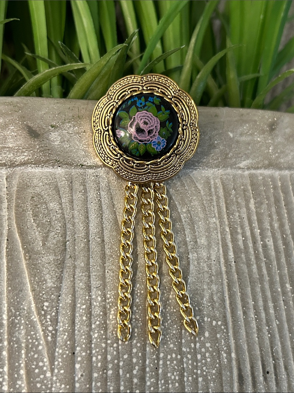 Gold Floral Tassel Brooch with Pink lavender Accent